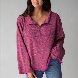 Natural Life Small Med Easy Does It Boho Raw Edge Hot Pink Mod Floral Sweatshirt